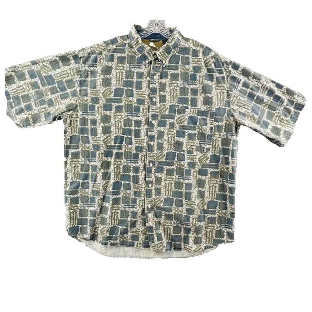 Vtg Wrangler Hero Casual Button Shirt Mens 2XLT Blue Green Tribal Short Sleeve
